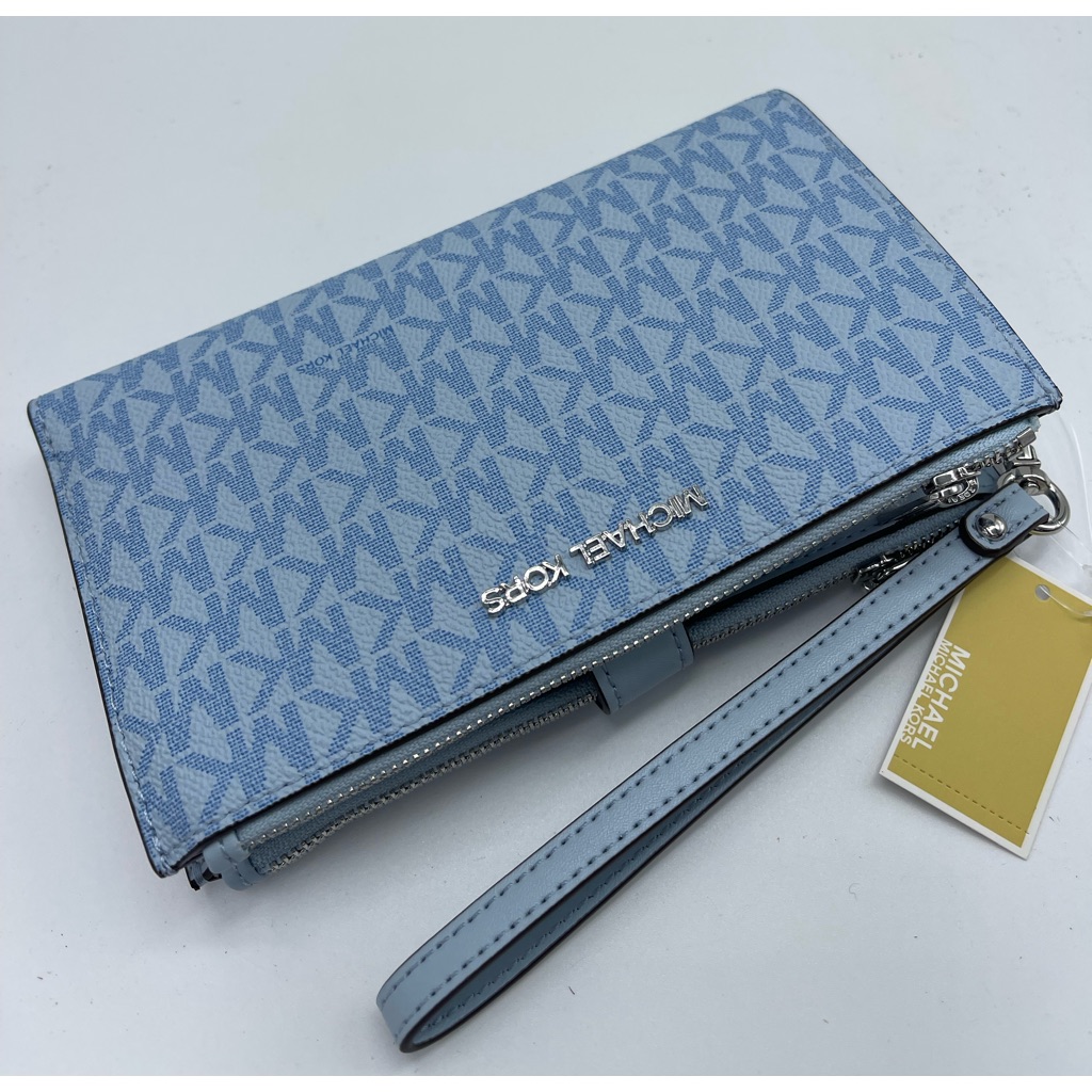 Michael Kors Jst Lg Double Zip Signature Logo Wristlet Wallet Pale Ocean Nwt